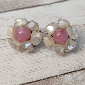 Vintage Clip On Earrings - Unusual 7/8" Cream and Pink - Condition Issues